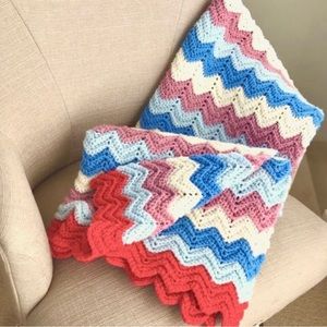 Vintage Afghan Chevron Crochet Throw Blanket Red White Blue Mauve